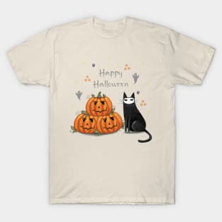 Halloween cute black cat and spooky pumpkin. T-Shirt